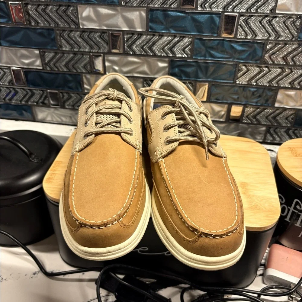 Beacon Tan Leather Boat Shoes with Cream Soles